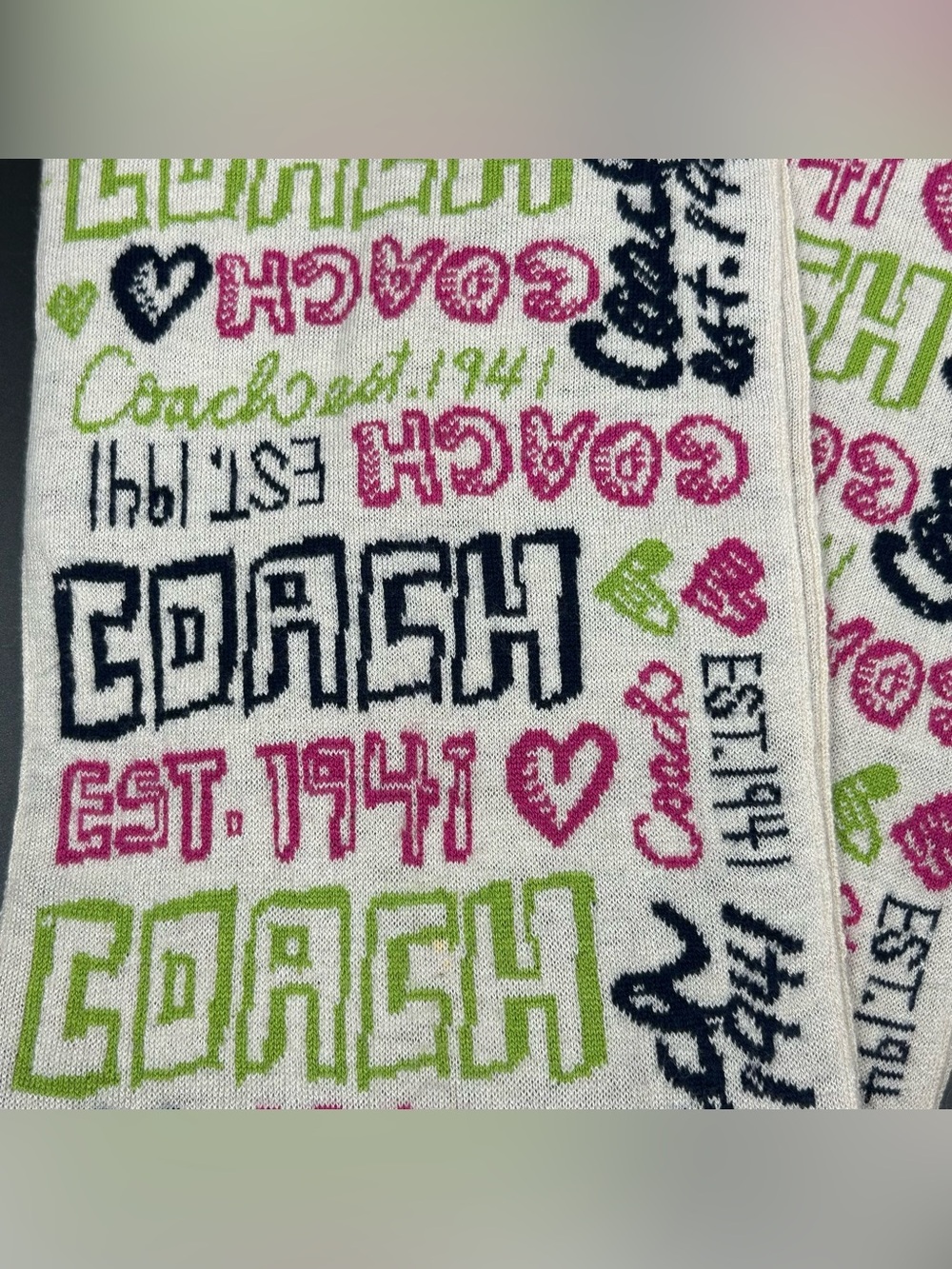 Coach EST 1941 Knit Winter Scarf Pink Green Navy Hearts Logo Womens Wrap - Picture 5 of 6